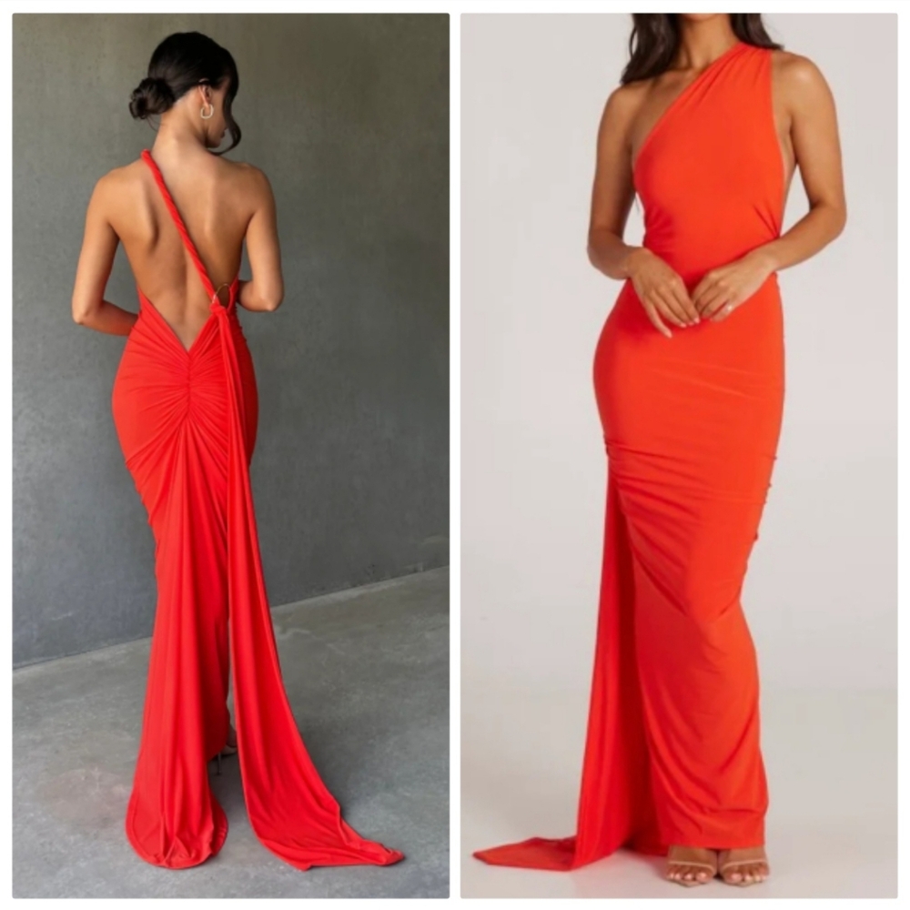 Melani Blood Orange Constatina Plunging Backless O Ring Scarf Maxi Dress Xs